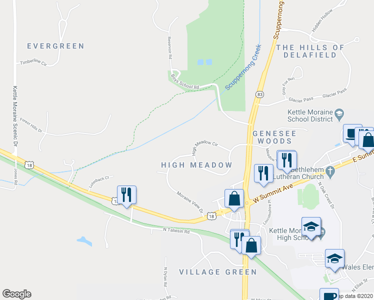 map of restaurants, bars, coffee shops, grocery stores, and more near S15W32260 Moraine View Drive in Delafield