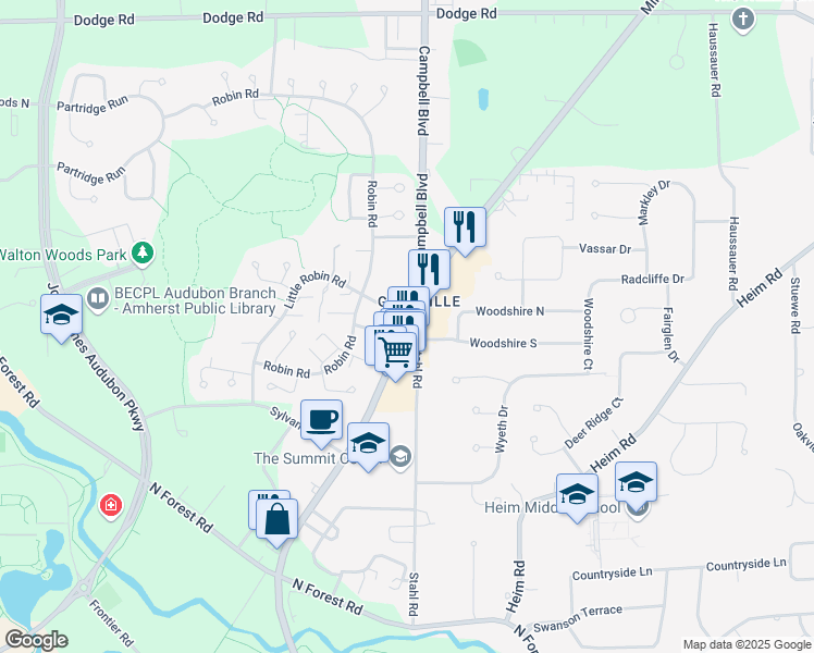map of restaurants, bars, coffee shops, grocery stores, and more near Millersport Highway in Buffalo