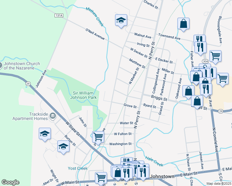 map of restaurants, bars, coffee shops, grocery stores, and more near 113 Pleasant Avenue in Johnstown