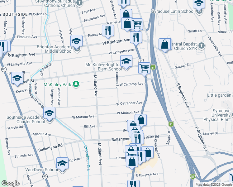 map of restaurants, bars, coffee shops, grocery stores, and more near 231 West Calthrop Avenue in Syracuse