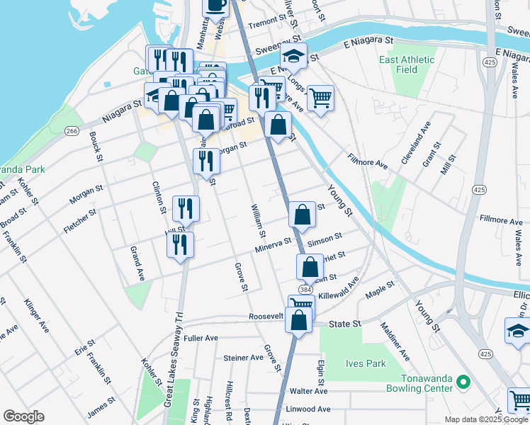 map of restaurants, bars, coffee shops, grocery stores, and more near 124 Delaware Street in Tonawanda