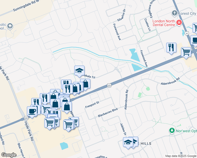 map of restaurants, bars, coffee shops, grocery stores, and more near 2599 Tokala Trail in London