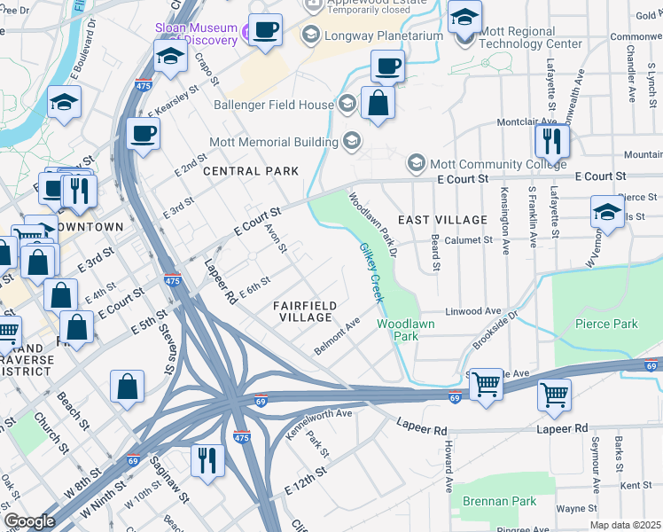 map of restaurants, bars, coffee shops, grocery stores, and more near 942 East 7th Street in Flint