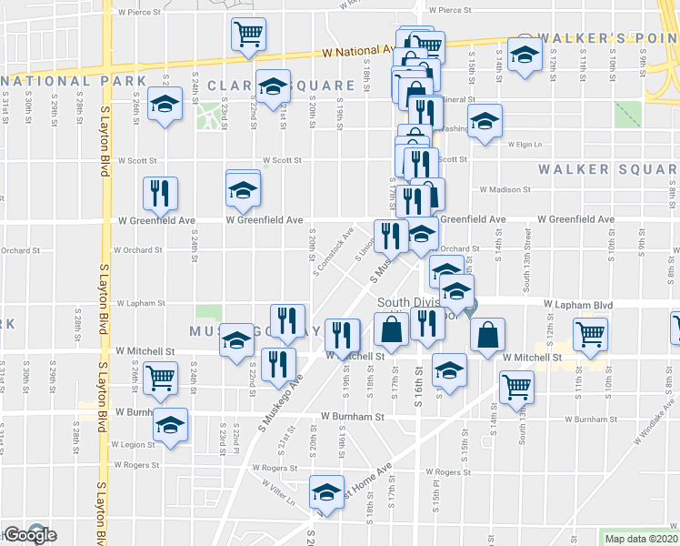map of restaurants, bars, coffee shops, grocery stores, and more near 1500 South Comstock Avenue in Milwaukee