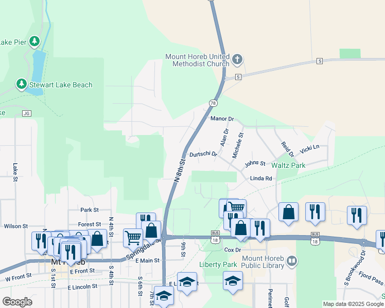 map of restaurants, bars, coffee shops, grocery stores, and more near 104 Waldmar Court in Mount Horeb