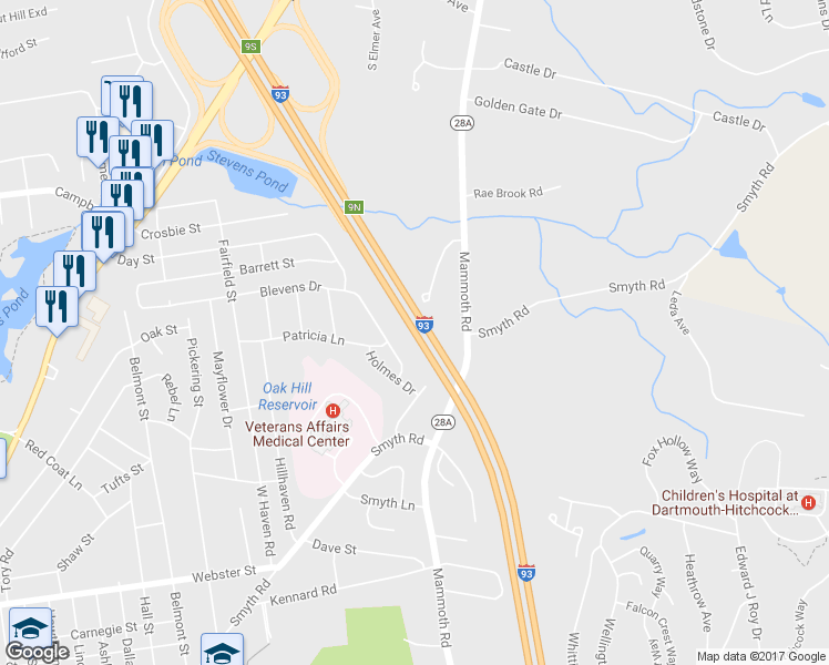 map of restaurants, bars, coffee shops, grocery stores, and more near Interstate 93 in Manchester