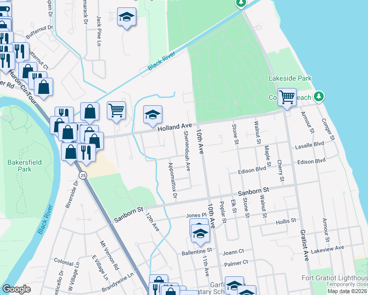 map of restaurants, bars, coffee shops, grocery stores, and more near 3536 Williamsburg Drive in Port Huron