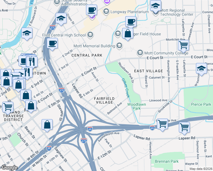 map of restaurants, bars, coffee shops, grocery stores, and more near 902 East 6th Street in Flint