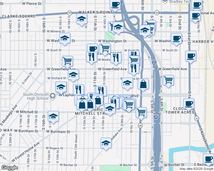 map of restaurants, bars, coffee shops, grocery stores, and more near 1522 South 10th Street in Milwaukee
