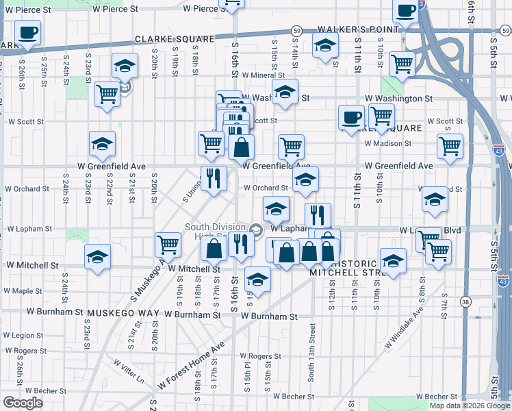 map of restaurants, bars, coffee shops, grocery stores, and more near 1524 South 15th Place in Milwaukee