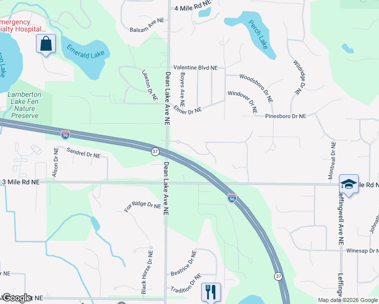 map of restaurants, bars, coffee shops, grocery stores, and more near 2291 Waterford Way Northeast in Grand Rapids