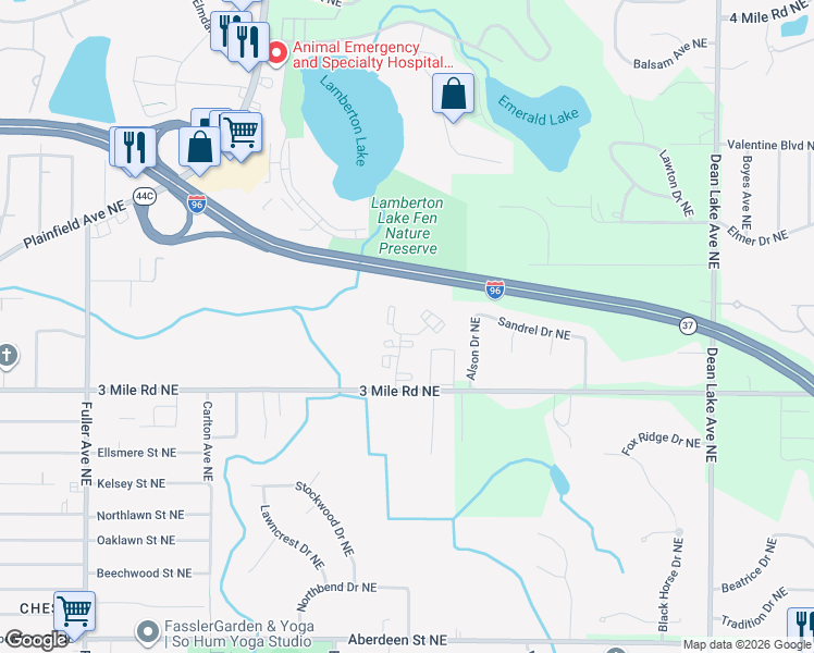 map of restaurants, bars, coffee shops, grocery stores, and more near 2875 Central Park Way Northeast in Grand Rapids