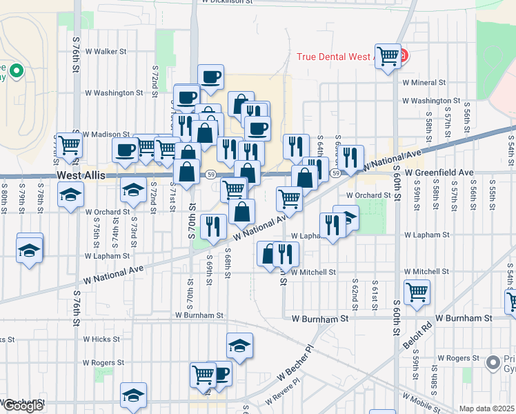 map of restaurants, bars, coffee shops, grocery stores, and more near 6700 West National Avenue in West Allis