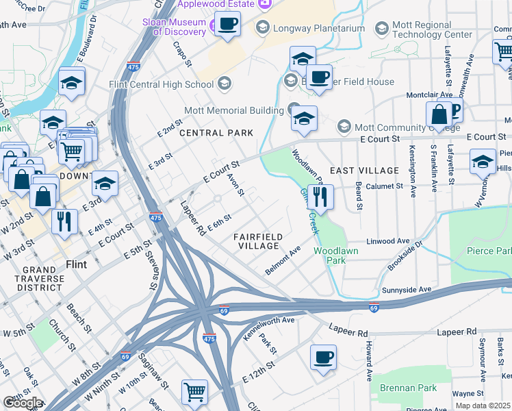 map of restaurants, bars, coffee shops, grocery stores, and more near 902 East 6th Street in Flint
