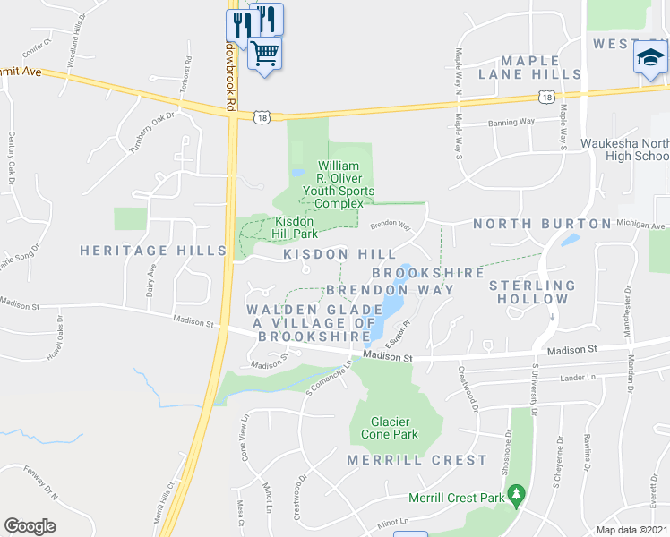 map of restaurants, bars, coffee shops, grocery stores, and more near 3015 Kisdon Hill Drive in Waukesha