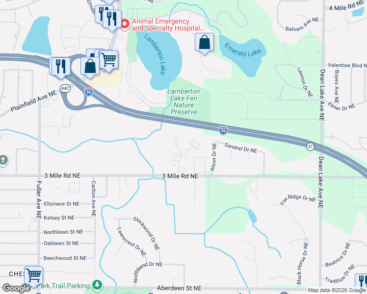 map of restaurants, bars, coffee shops, grocery stores, and more near 2875 Central Park Way Northeast in Grand Rapids