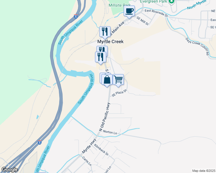 map of restaurants, bars, coffee shops, grocery stores, and more near 862 South Main Street in Myrtle Creek