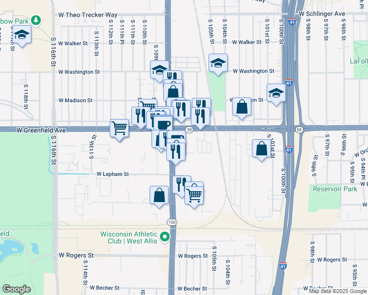 map of restaurants, bars, coffee shops, grocery stores, and more near 10708 West Orchard Street in West Allis