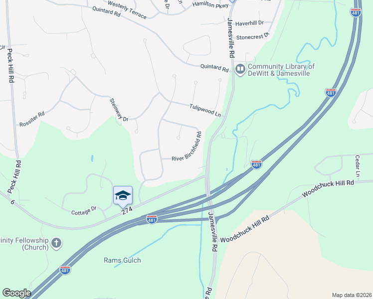 map of restaurants, bars, coffee shops, grocery stores, and more near 6462 River Birchfield Rd in Jamesville