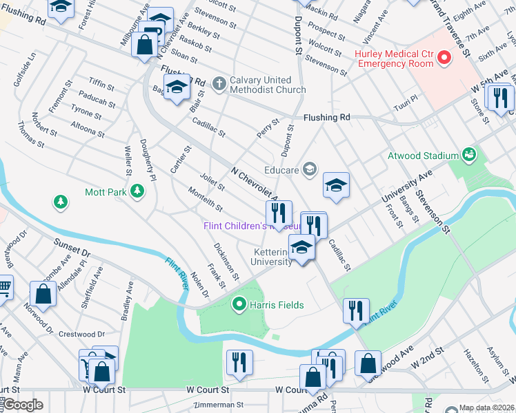 map of restaurants, bars, coffee shops, grocery stores, and more near 1900 Joliet Street in Flint