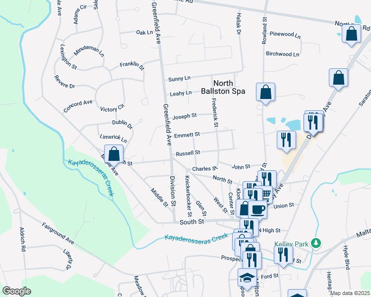 map of restaurants, bars, coffee shops, grocery stores, and more near 56 Russell Street in Ballston Spa