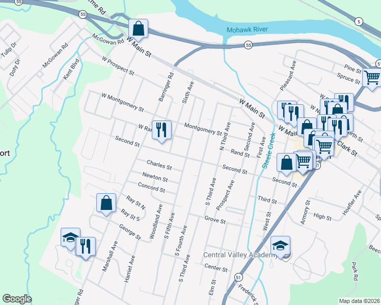 map of restaurants, bars, coffee shops, grocery stores, and more near 8 North 5th Avenue in Ilion