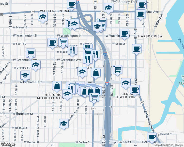 map of restaurants, bars, coffee shops, grocery stores, and more near 1522 South 7th Street in Milwaukee