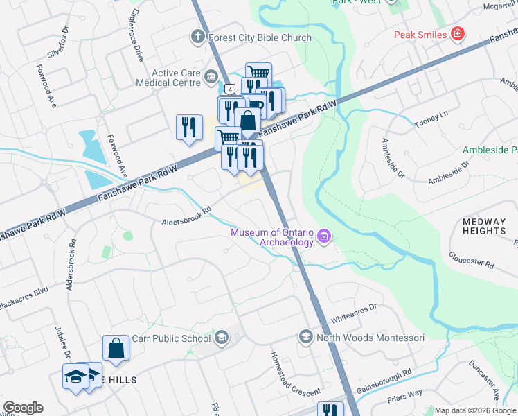 map of restaurants, bars, coffee shops, grocery stores, and more near 127 Acorn Crescent in London