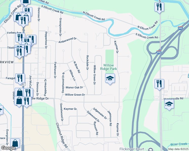 map of restaurants, bars, coffee shops, grocery stores, and more near 417 Willow Green Drive in Buffalo