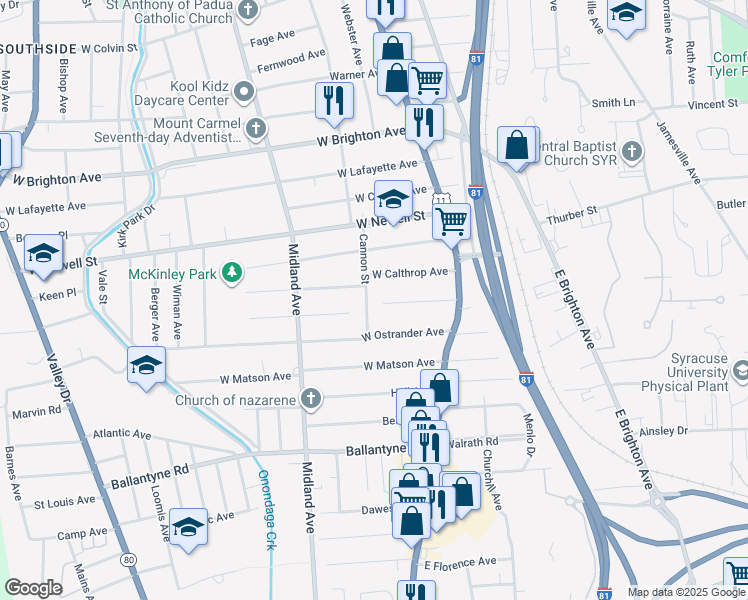 map of restaurants, bars, coffee shops, grocery stores, and more near 182 West Lynhurst Avenue in Syracuse