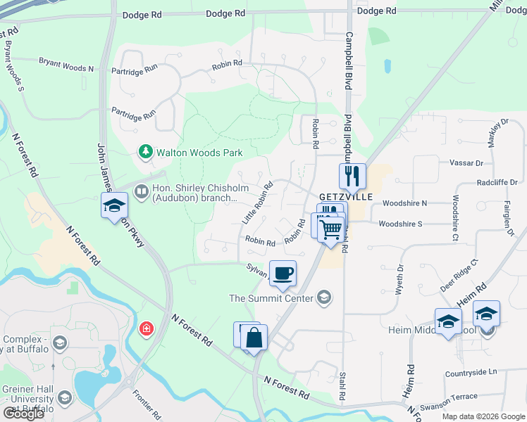 map of restaurants, bars, coffee shops, grocery stores, and more near 170 Little Robin Road in Buffalo