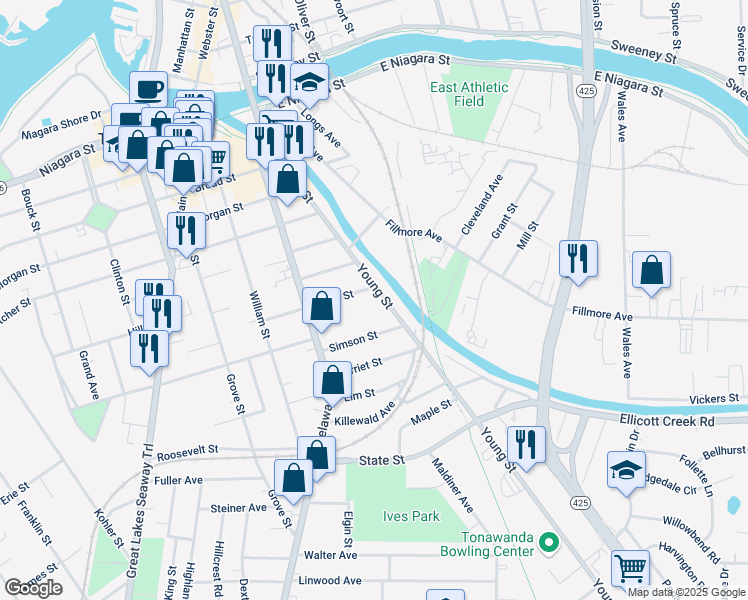 map of restaurants, bars, coffee shops, grocery stores, and more near 232 Young Street in Tonawanda