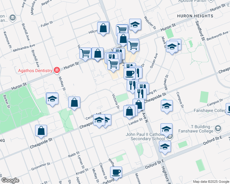 map of restaurants, bars, coffee shops, grocery stores, and more near 1293 Victoria Drive in London