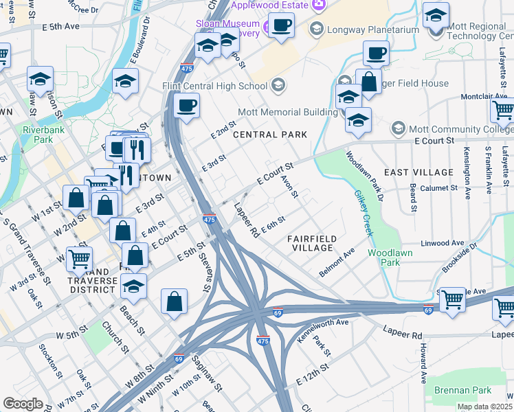 map of restaurants, bars, coffee shops, grocery stores, and more near 700 East Court Street in Flint