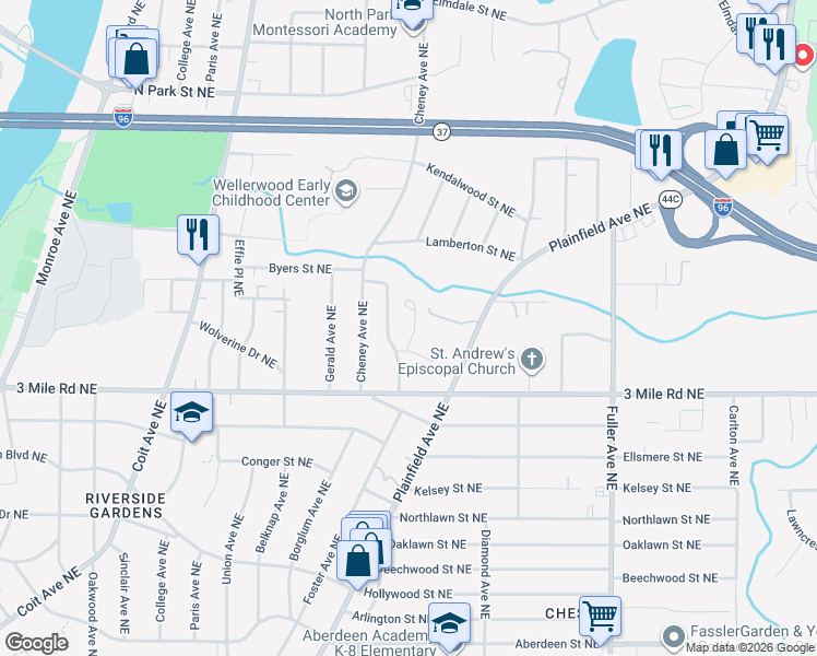 map of restaurants, bars, coffee shops, grocery stores, and more near 2910 Foster Avenue Northeast in Grand Rapids
