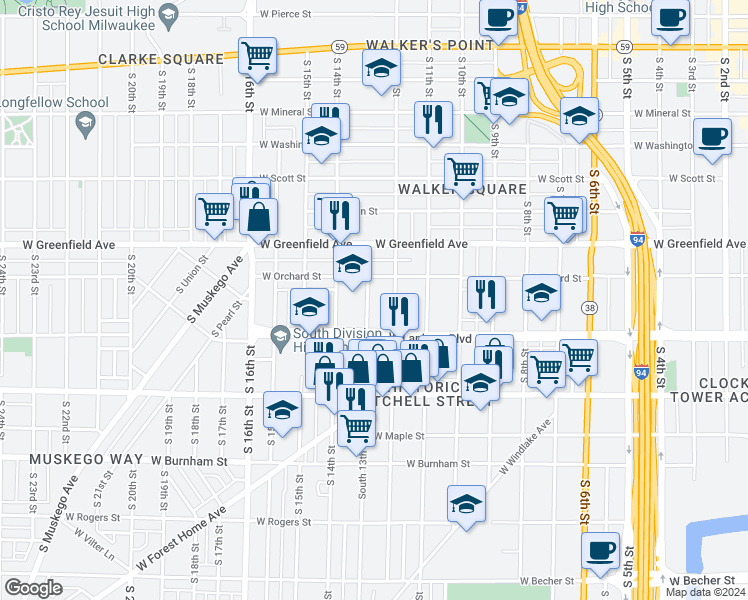map of restaurants, bars, coffee shops, grocery stores, and more near 1525 South 12th Street in Milwaukee