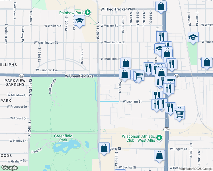 map of restaurants, bars, coffee shops, grocery stores, and more near 6 West Orchard Street in West Allis