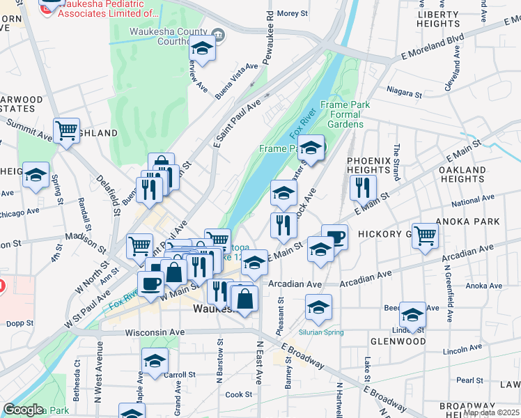 map of restaurants, bars, coffee shops, grocery stores, and more near 120 Corrina Boulevard in Waukesha