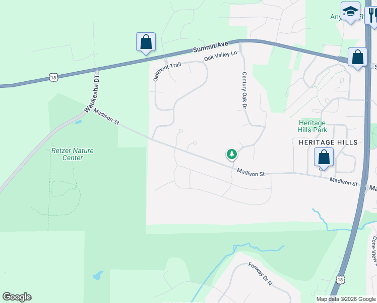 map of restaurants, bars, coffee shops, grocery stores, and more near 3668 Olde Howell Road in Waukesha