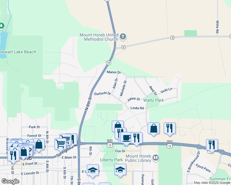 map of restaurants, bars, coffee shops, grocery stores, and more near 505 Alan Drive in Mount Horeb