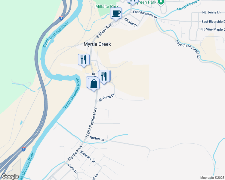 map of restaurants, bars, coffee shops, grocery stores, and more near 265 Southeast Plaza Drive in Myrtle Creek