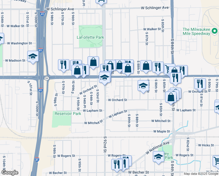 map of restaurants, bars, coffee shops, grocery stores, and more near 1450 South 92nd Street in West Allis