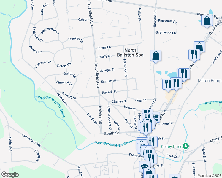 map of restaurants, bars, coffee shops, grocery stores, and more near 56 Russell Street in Ballston Spa