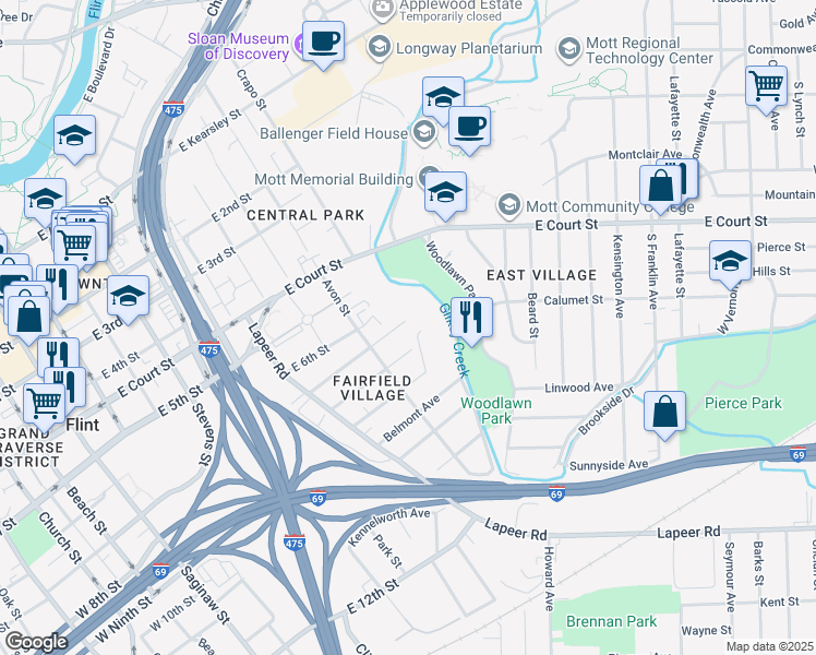 map of restaurants, bars, coffee shops, grocery stores, and more near 942 East 7th Street in Flint
