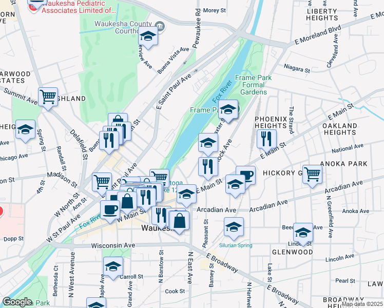 map of restaurants, bars, coffee shops, grocery stores, and more near 120 Corrina Boulevard in Waukesha