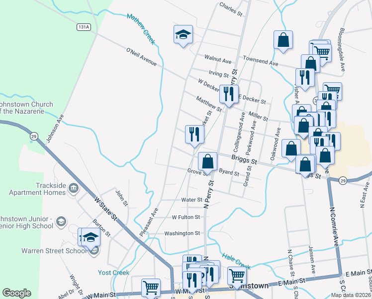 map of restaurants, bars, coffee shops, grocery stores, and more near 103 Mason Street in Johnstown