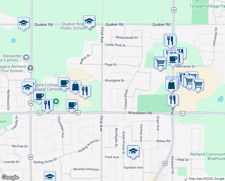 map of restaurants, bars, coffee shops, grocery stores, and more near 43 Pinehurst Drive in Welland