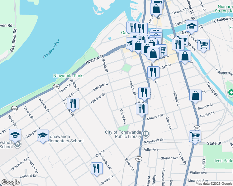 map of restaurants, bars, coffee shops, grocery stores, and more near 251 Fletcher Street in Tonawanda