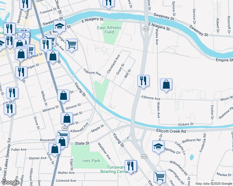 map of restaurants, bars, coffee shops, grocery stores, and more near 4 Peuquet Parkway in Tonawanda