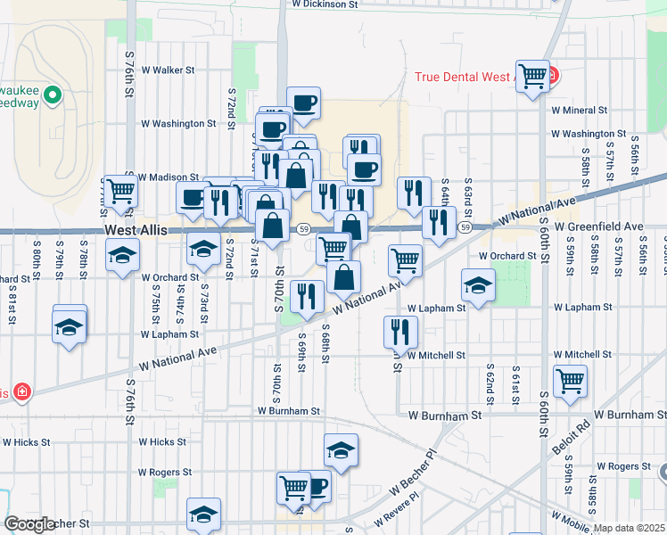 map of restaurants, bars, coffee shops, grocery stores, and more near 6765 West Greenfield Avenue in West Allis